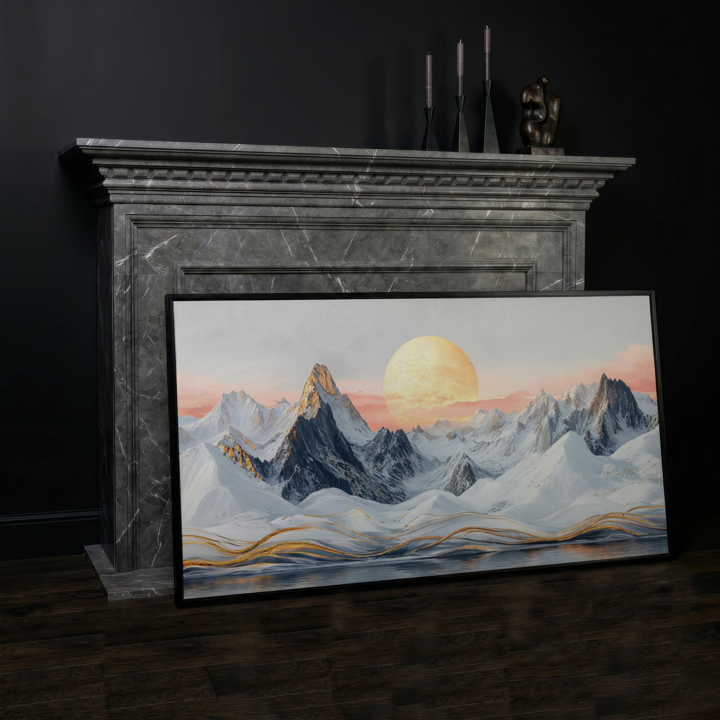 Snowy Mountain Landscape with Golden Sun Canvas in black floating frame