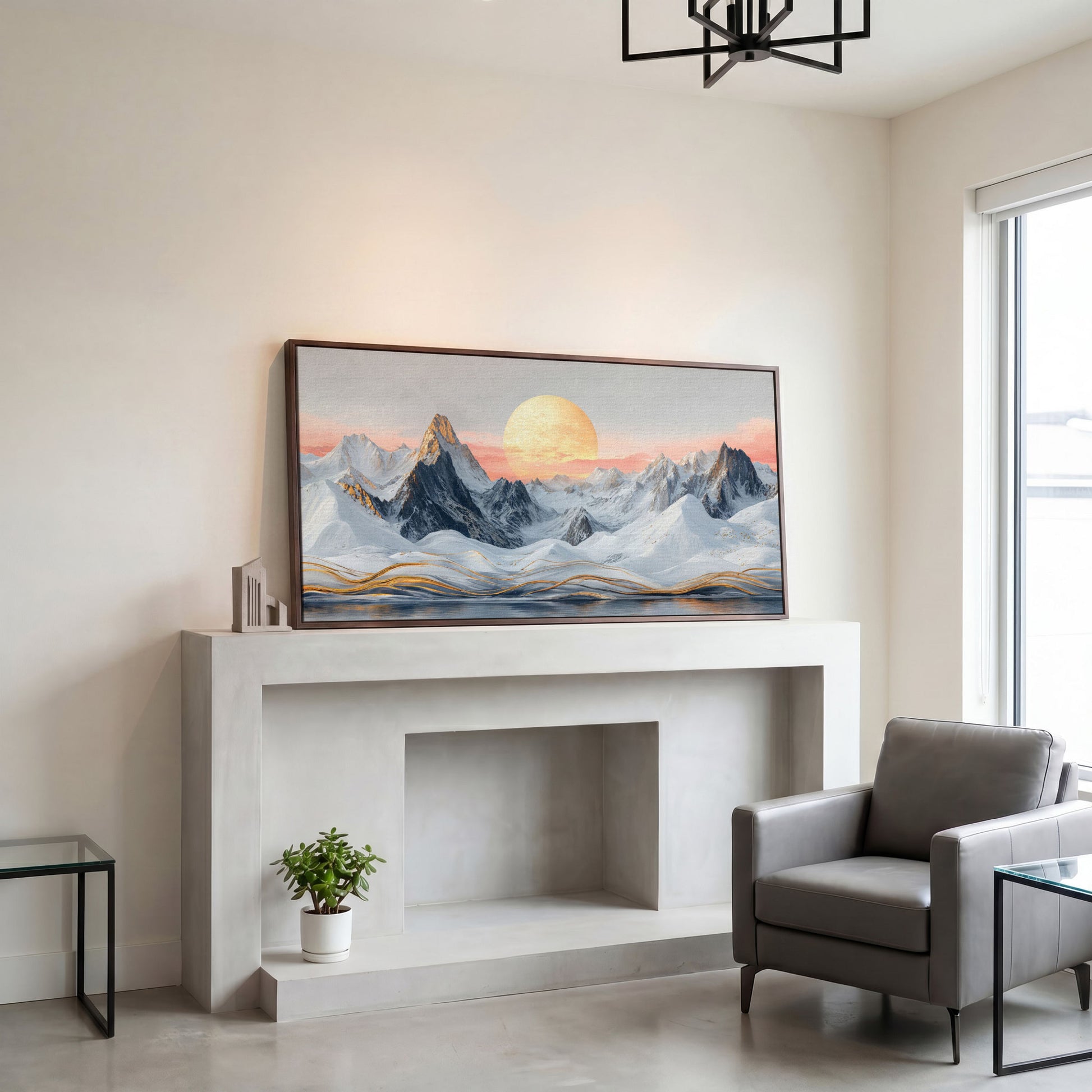 Snowy Mountain Landscape with Golden Sun Canvas in dark walnut floating frame