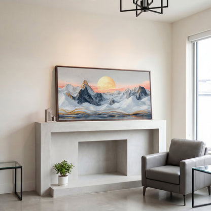 Snowy Mountain Landscape with Golden Sun Canvas in dark walnut floating frame