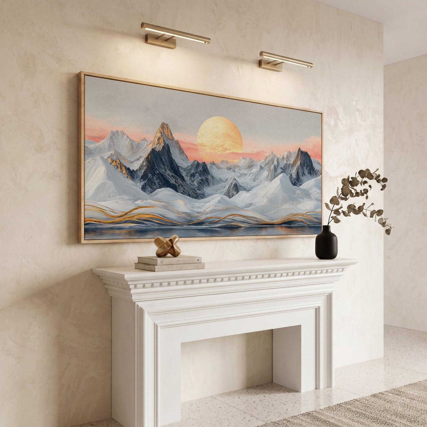 Snowy Mountain Landscape with Golden Sun Canvas in white oak floating frame