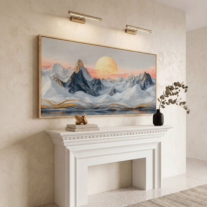 Snowy Mountain Landscape with Golden Sun Canvas in white oak floating frame