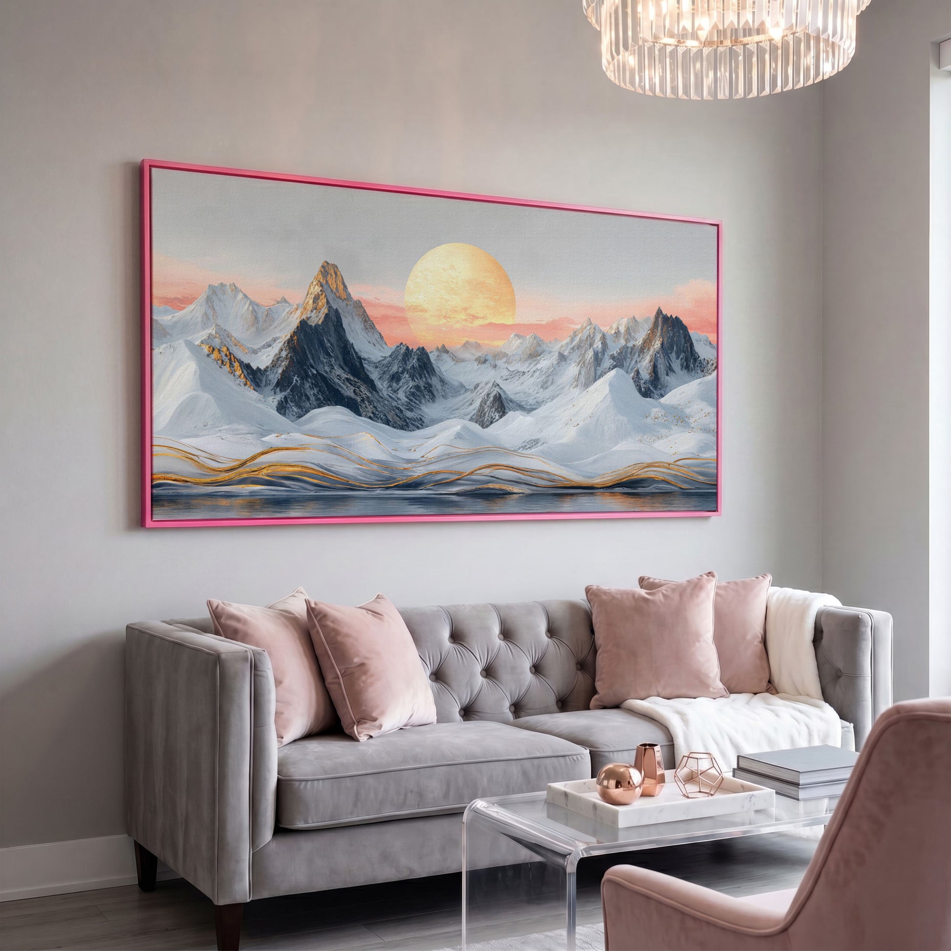 Snowy Mountain Landscape with Golden Sun Canvas in pink floating frame