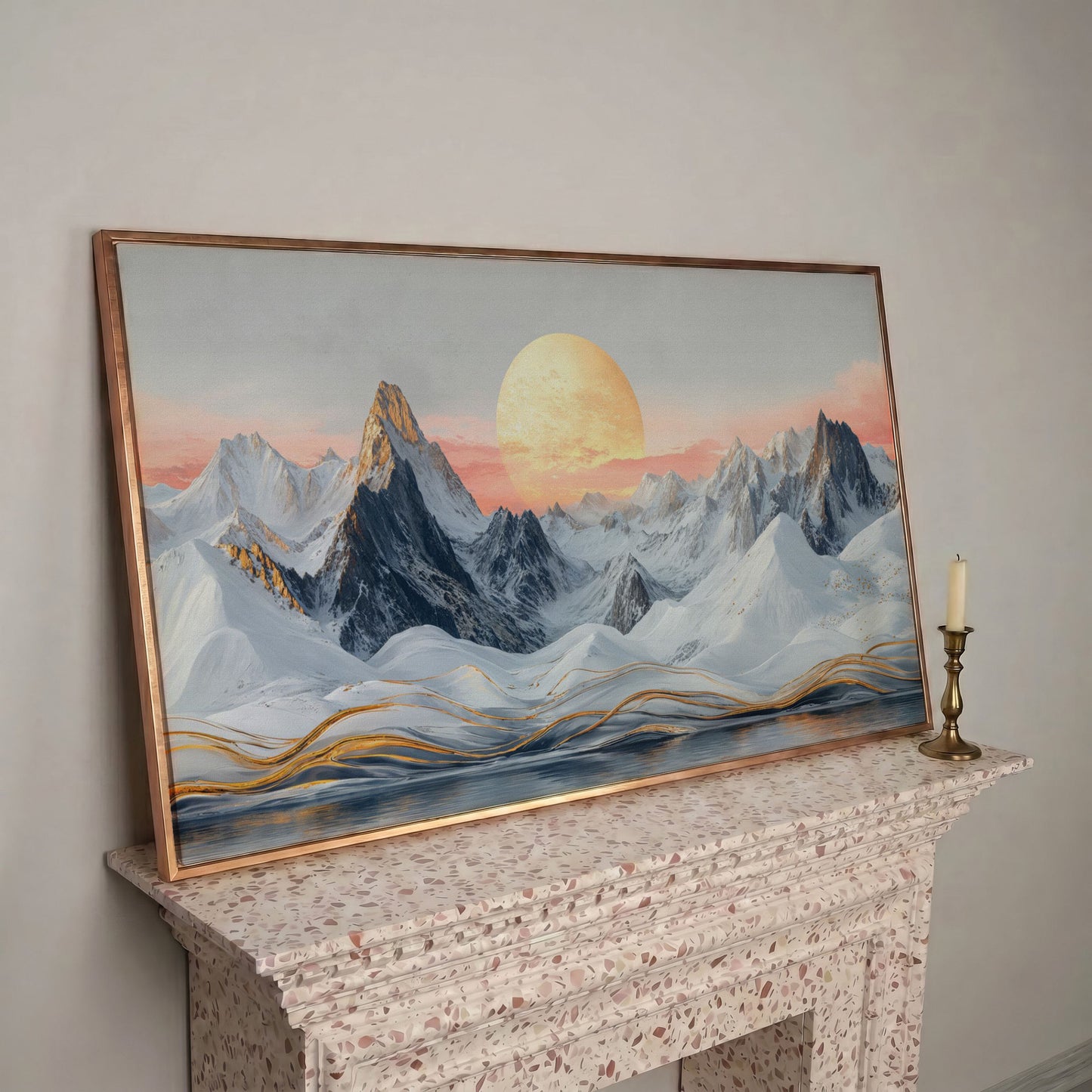 Snowy Mountain Landscape with Golden Sun Canvas in rose gold floating frame