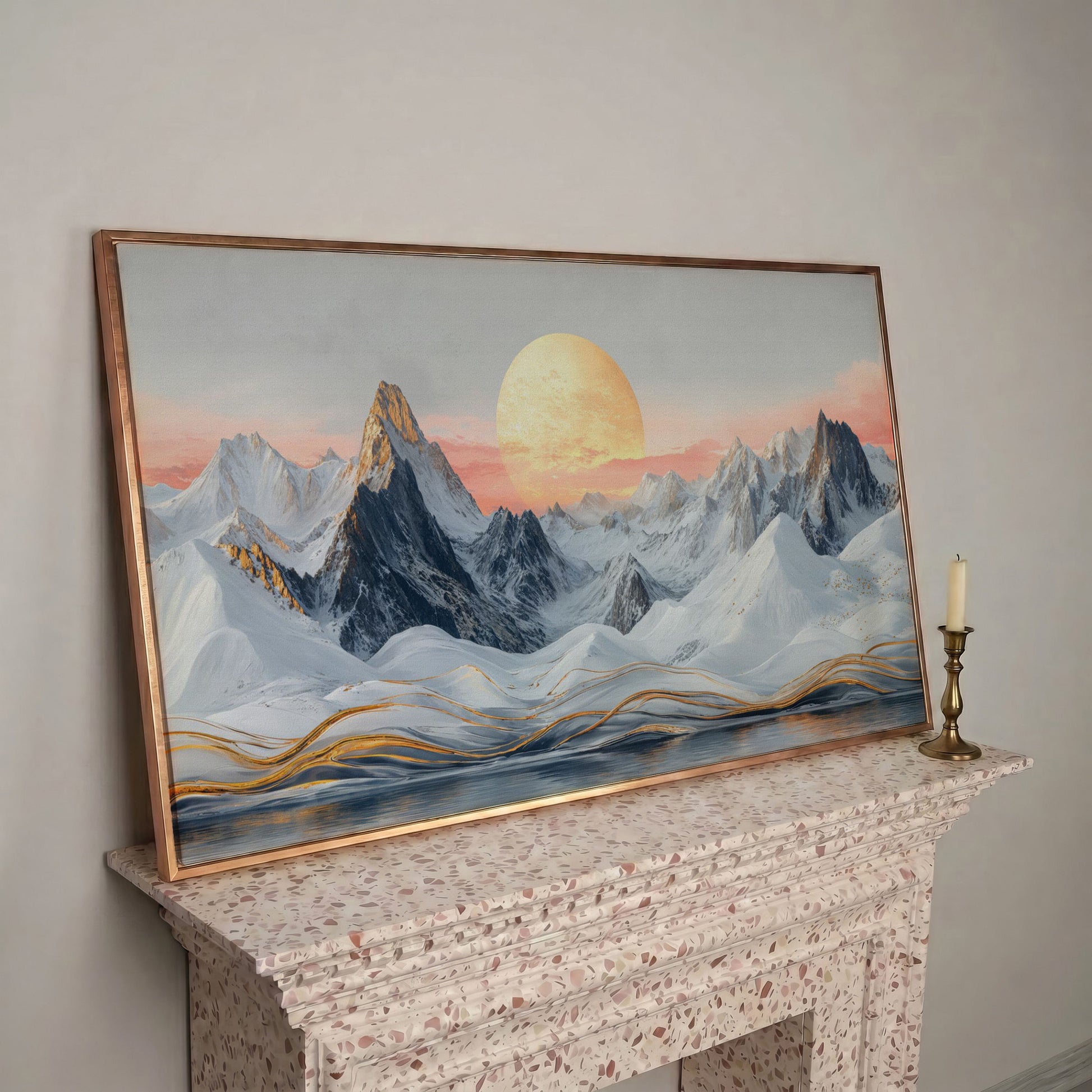 Snowy Mountain Landscape with Golden Sun Canvas in rose gold floating frame