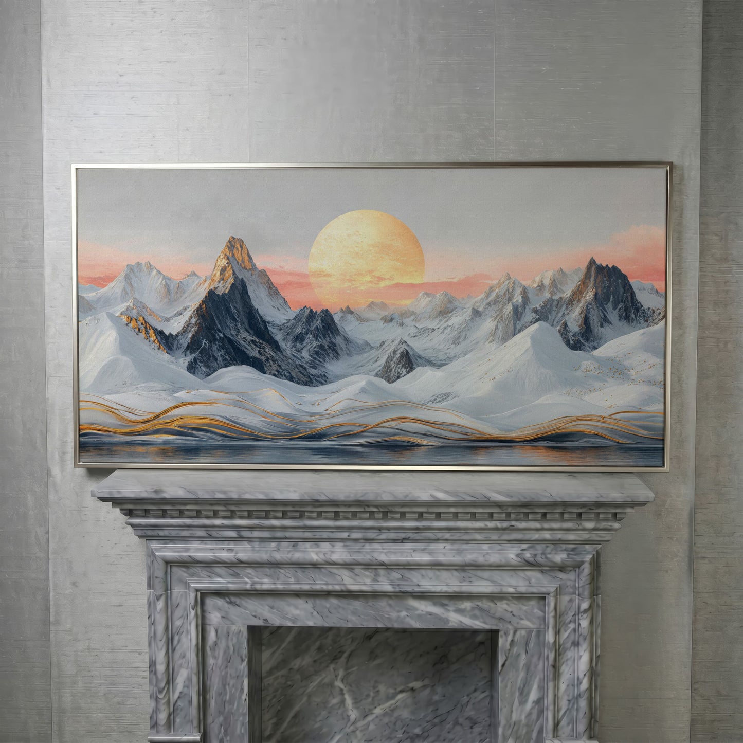 Snowy Mountain Landscape with Golden Sun Canvas in silver floating frame