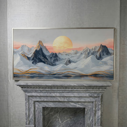 Snowy Mountain Landscape with Golden Sun Canvas in silver floating frame
