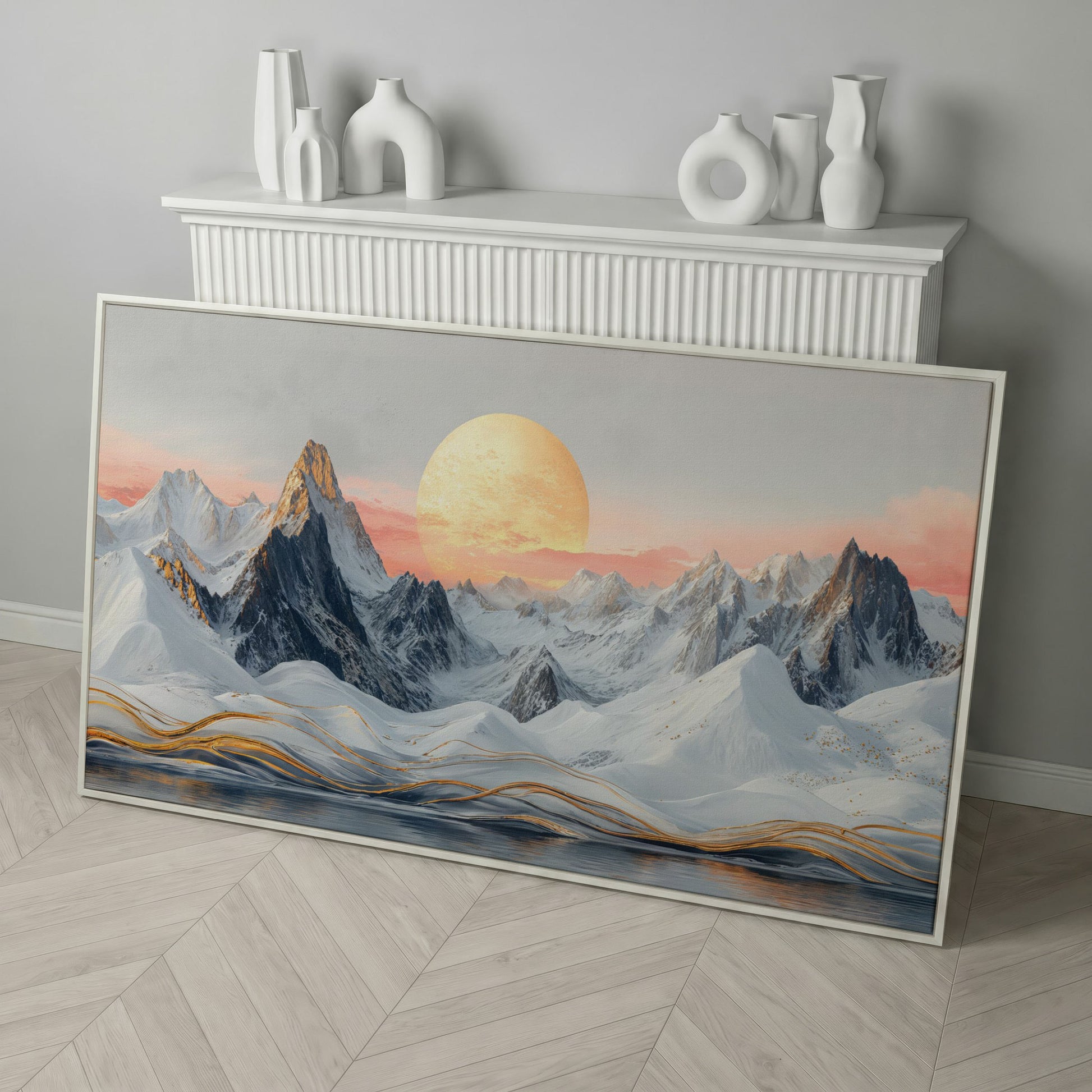 Snowy Mountain Landscape with Golden Sun Canvas in white floating frame