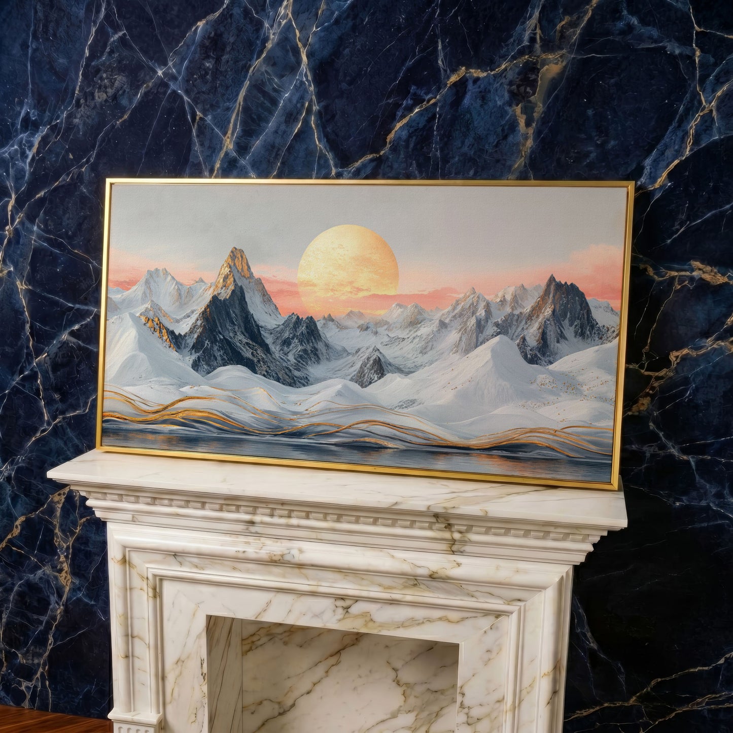 Snowy Mountain Landscape with Golden Sun Canvas in yellow gold floating frame