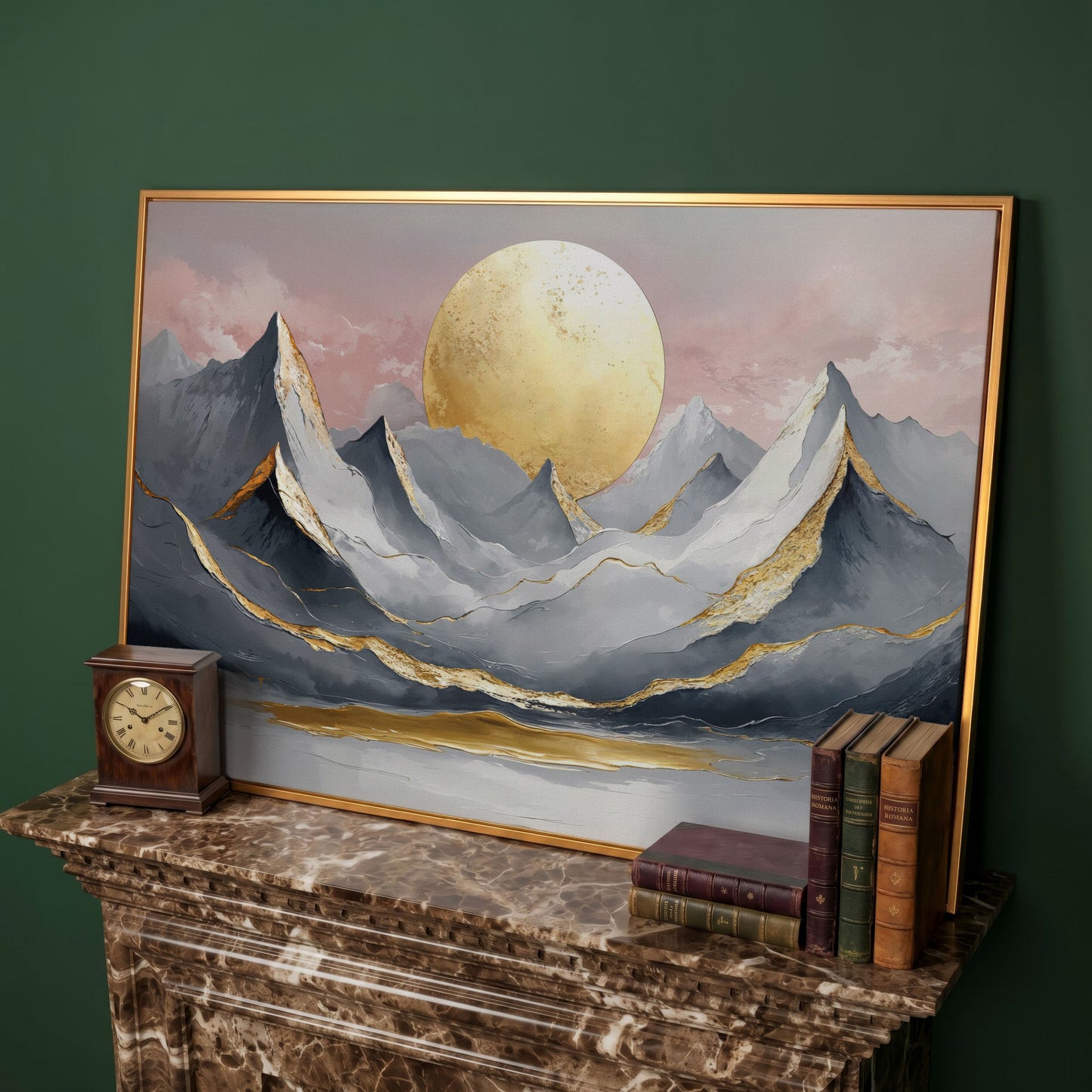 Golden Sun and Mountain Peaks Canvas Print in antique gold floating frame