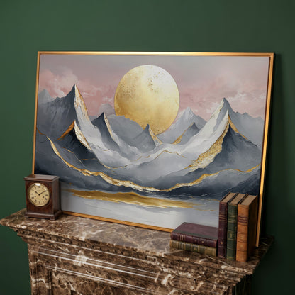 Golden Sun and Mountain Peaks Canvas Print in antique gold floating frame