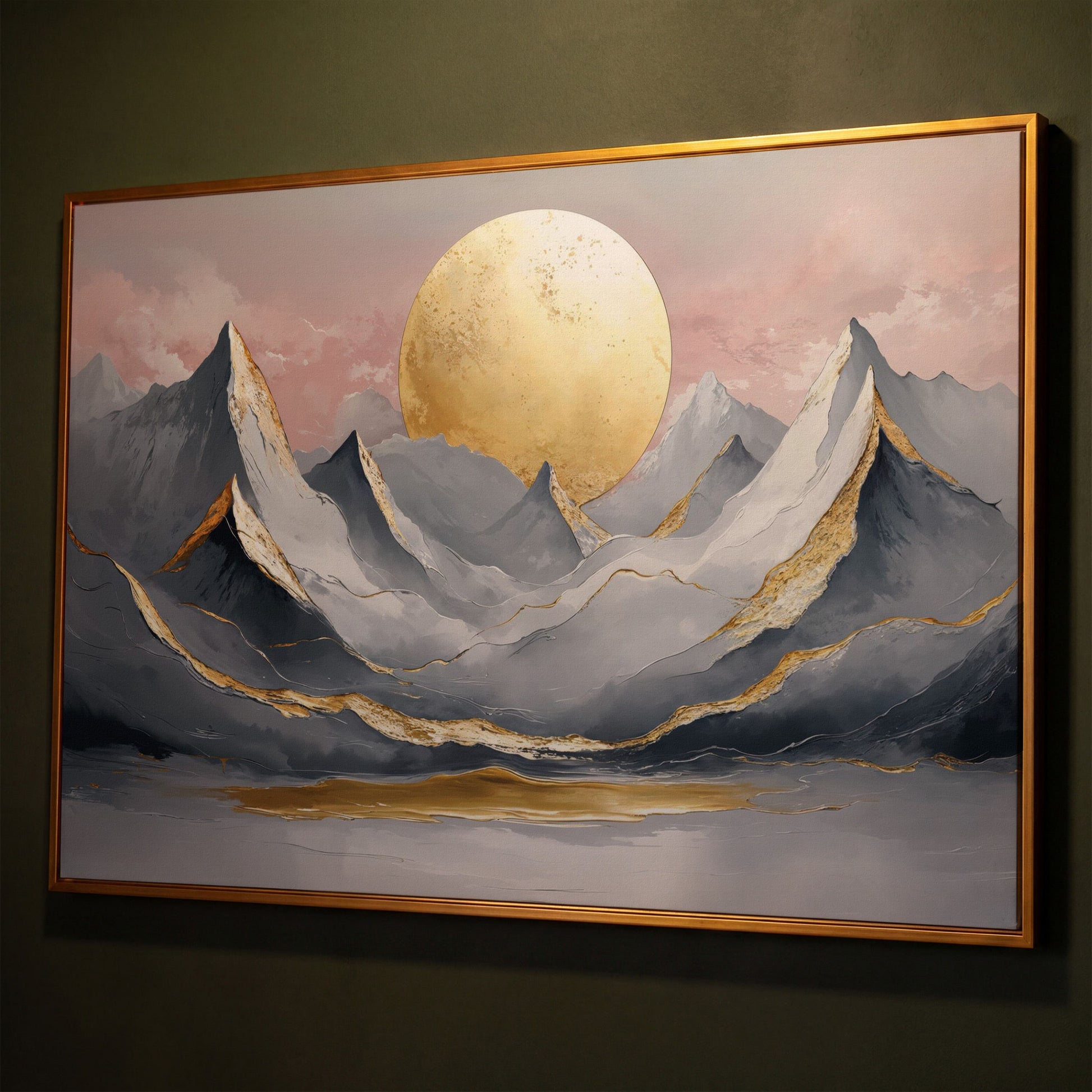 Golden Sun and Mountain Peaks Canvas Print shown in antique gold floating frame