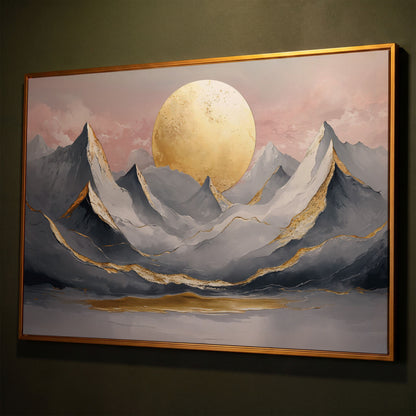 Golden Sun and Mountain Peaks Canvas Print shown in antique gold floating frame