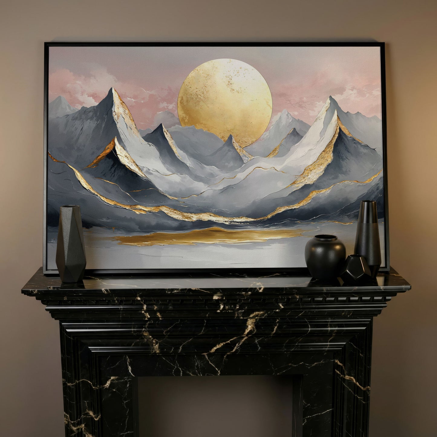 Golden Sun and Mountain Peaks Canvas Print in black floating frame