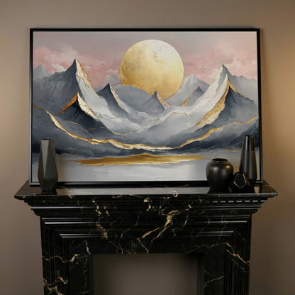 Golden Sun and Mountain Peaks Canvas Print in black floating frame