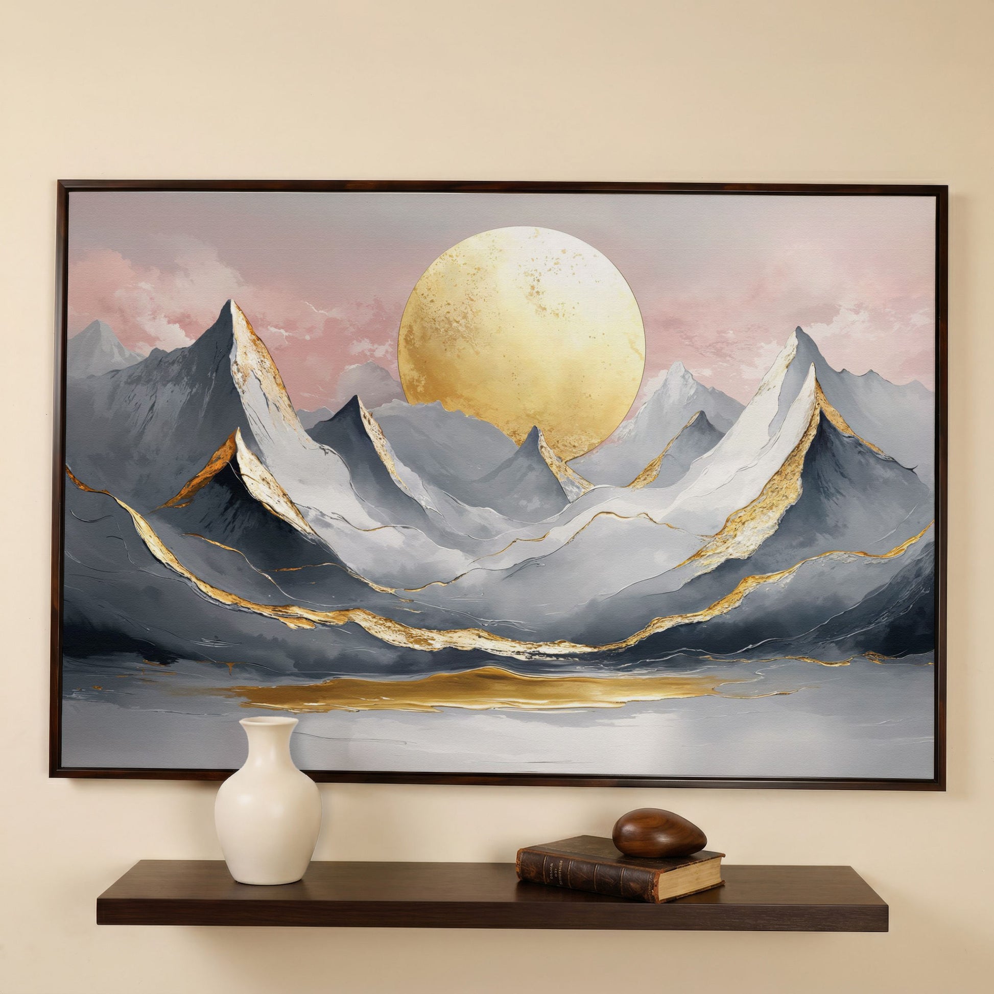 Golden Sun and Mountain Peaks Canvas Print in dark walnut floating frame