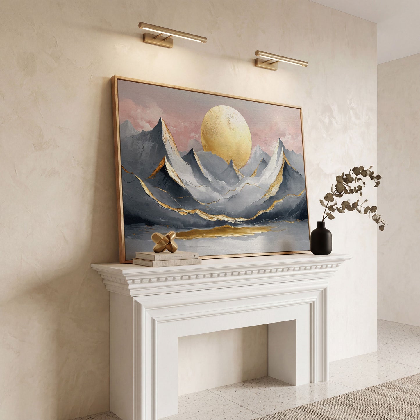 Golden Sun and Mountain Peaks Canvas Print in white oak floating frame