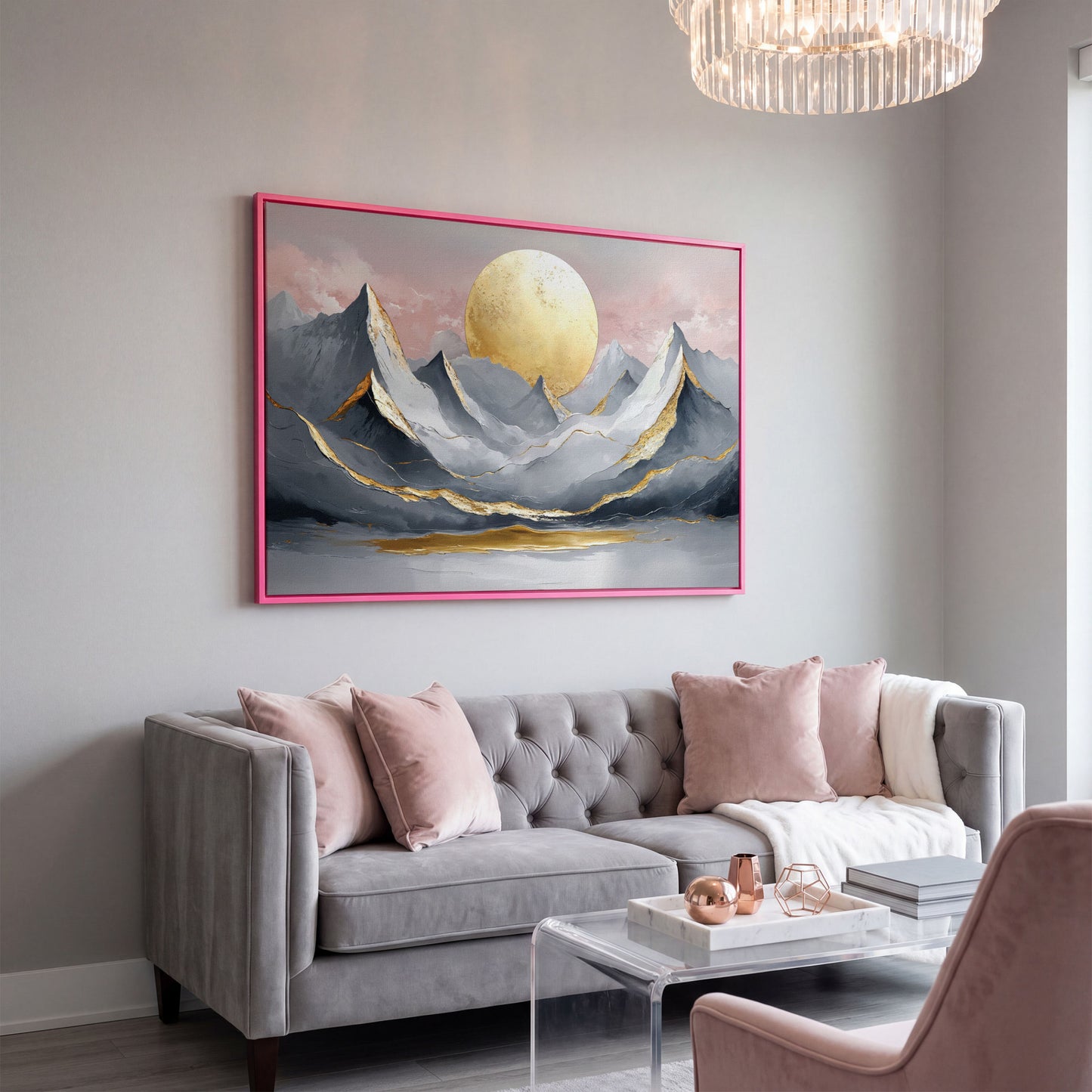 Golden Sun and Mountain Peaks Canvas Print in pink floating frame