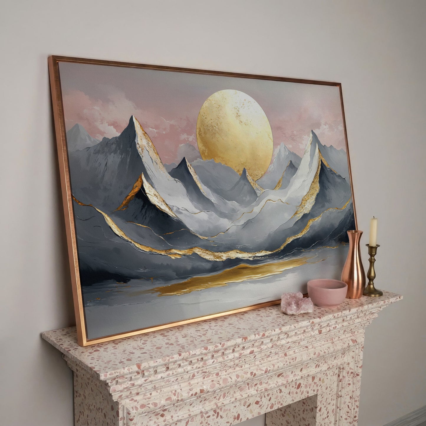 Golden Sun and Mountain Peaks Canvas Print in rose gold floating frame