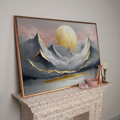 Golden Sun and Mountain Peaks Canvas Print in rose gold floating frame