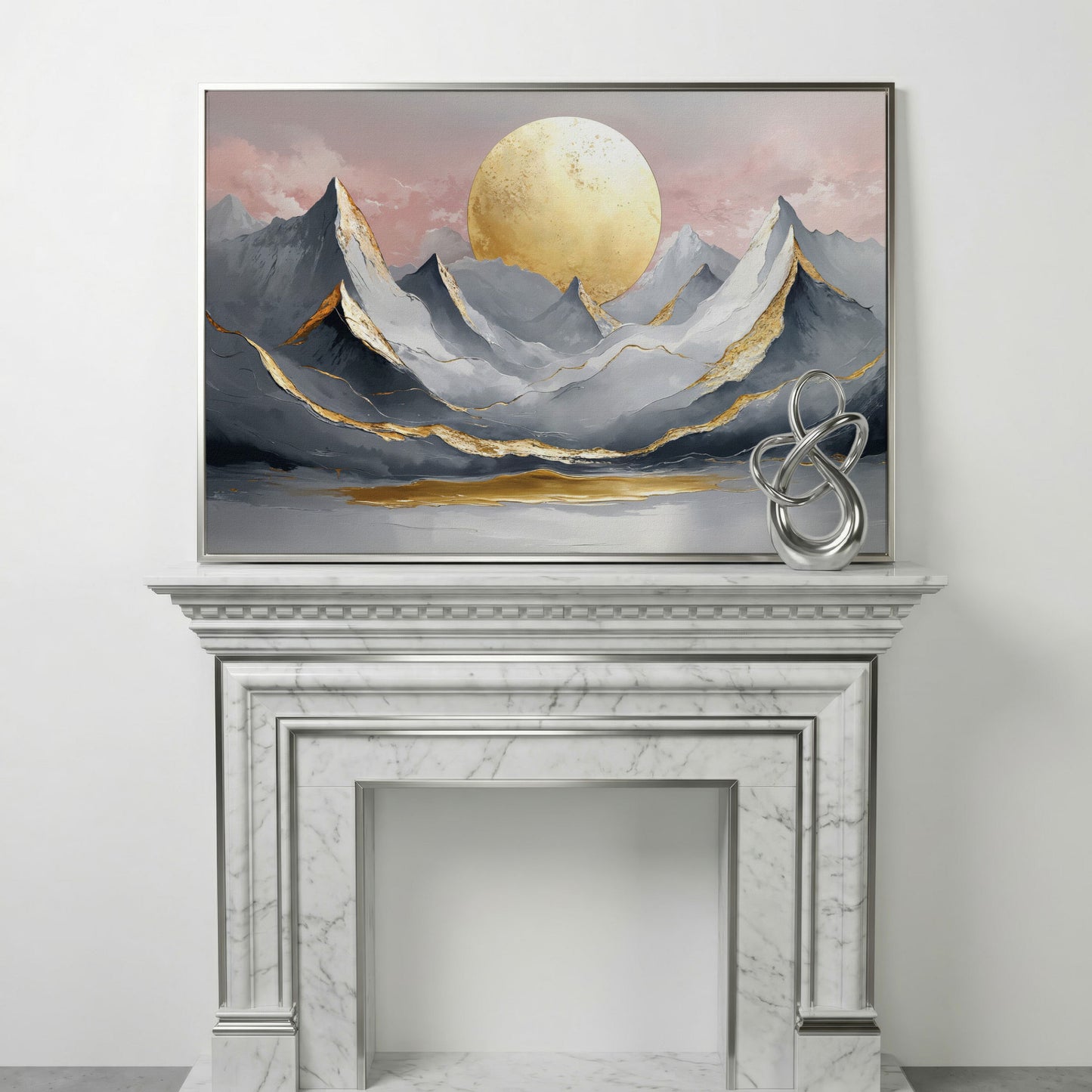 Golden Sun and Mountain Peaks Canvas Print in silver floating frame
