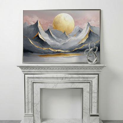 Golden Sun and Mountain Peaks Canvas Print in silver floating frame