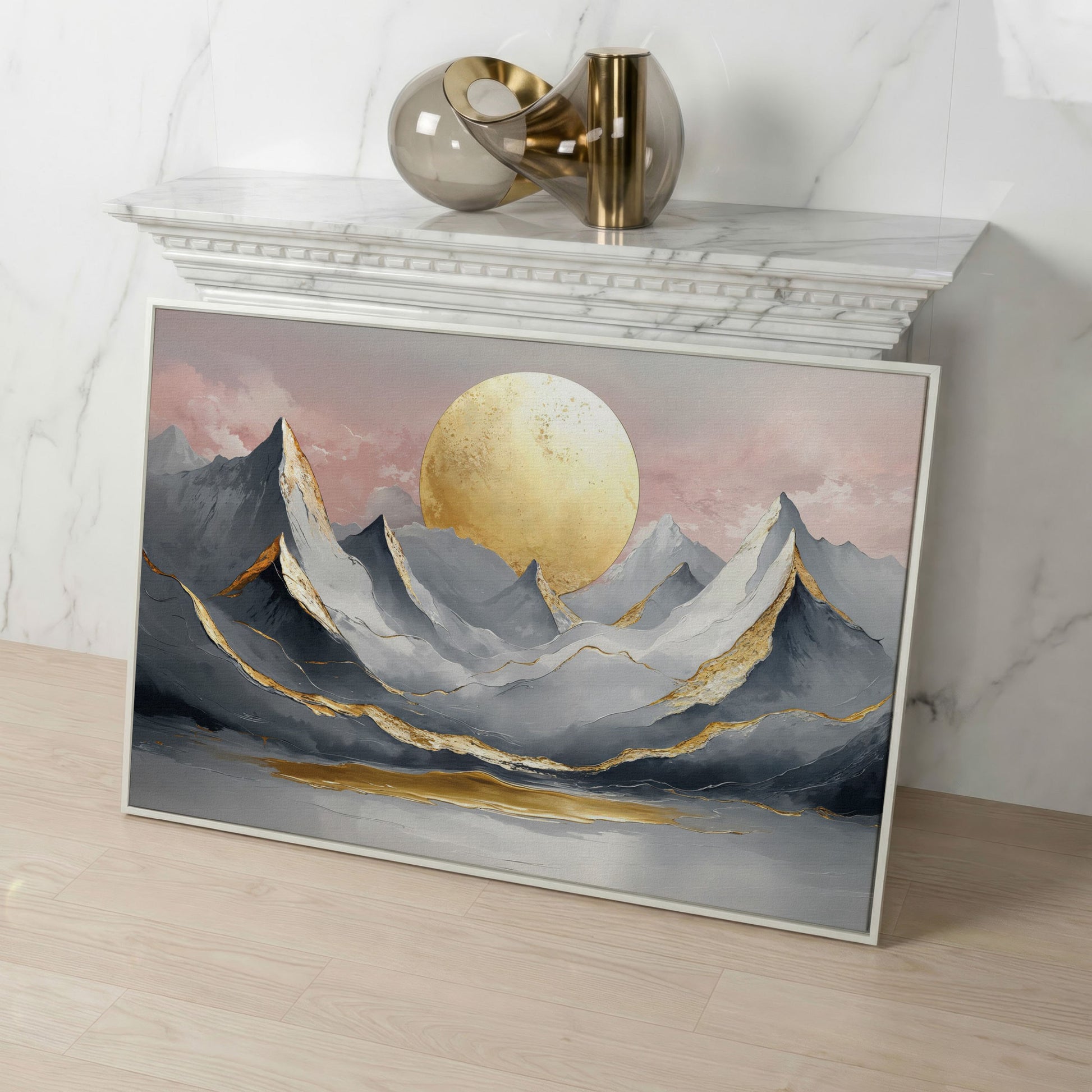 Golden Sun and Mountain Peaks Canvas Print in white floating frame