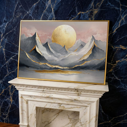 Golden Sun and Mountain Peaks Canvas Print in yellow gold floating frame