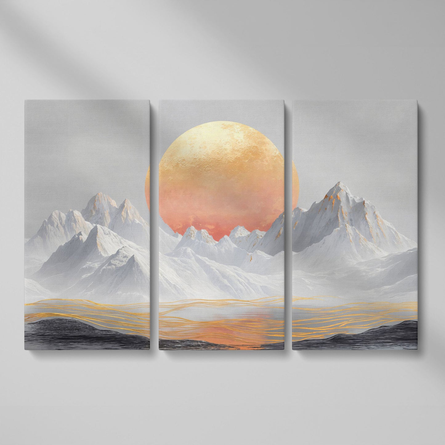 Surreal Sun and Snowy Mountains Canvas as 3-panel split version