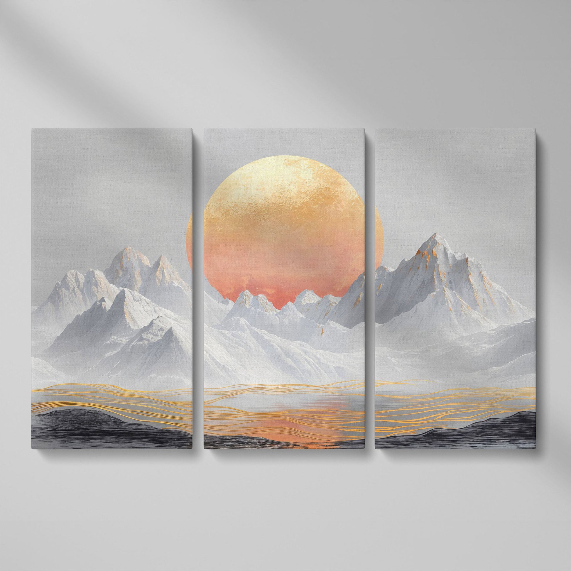 Surreal Sun and Snowy Mountains Canvas as 3-panel split version