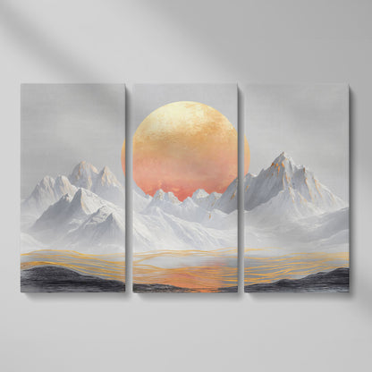 Surreal Sun and Snowy Mountains Canvas as 3-panel split version