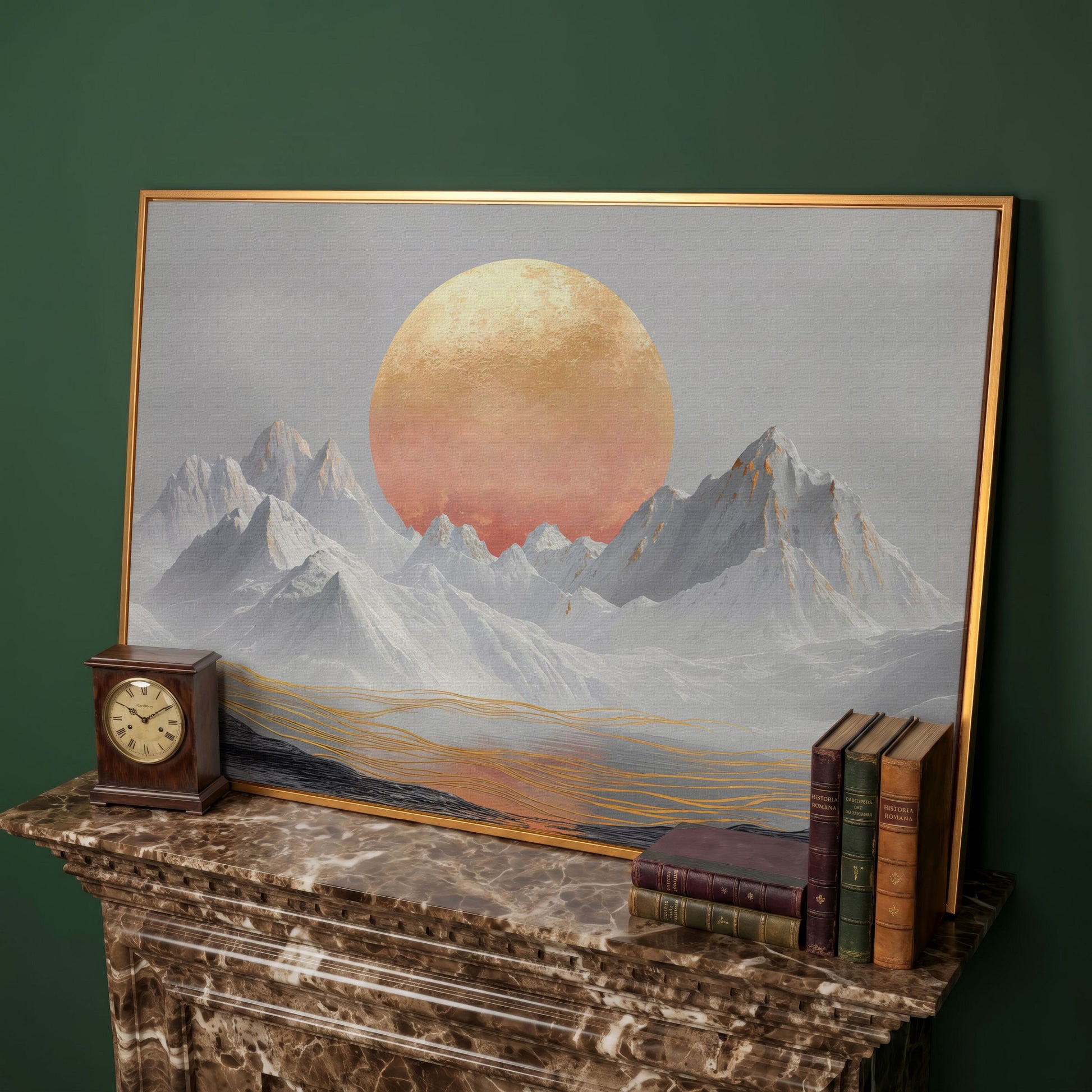 Surreal Sun and Snowy Mountains Canvas in antique gold floating frame