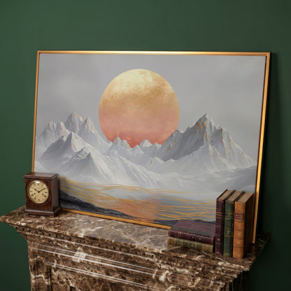 Surreal Sun and Snowy Mountains Canvas in antique gold floating frame