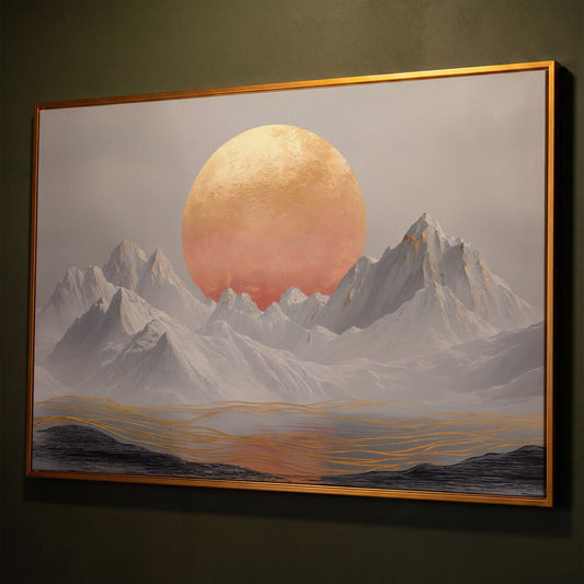 Surreal Sun and Snowy Mountains Canvas shown in antique gold floating frame