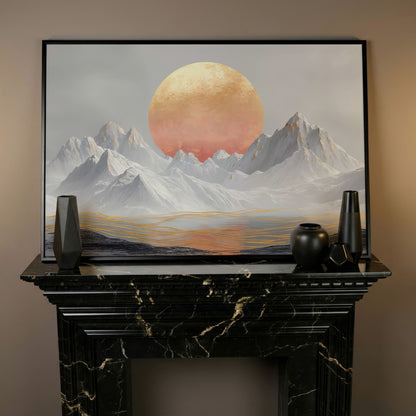 Surreal Sun and Snowy Mountains Canvas in black floating frame