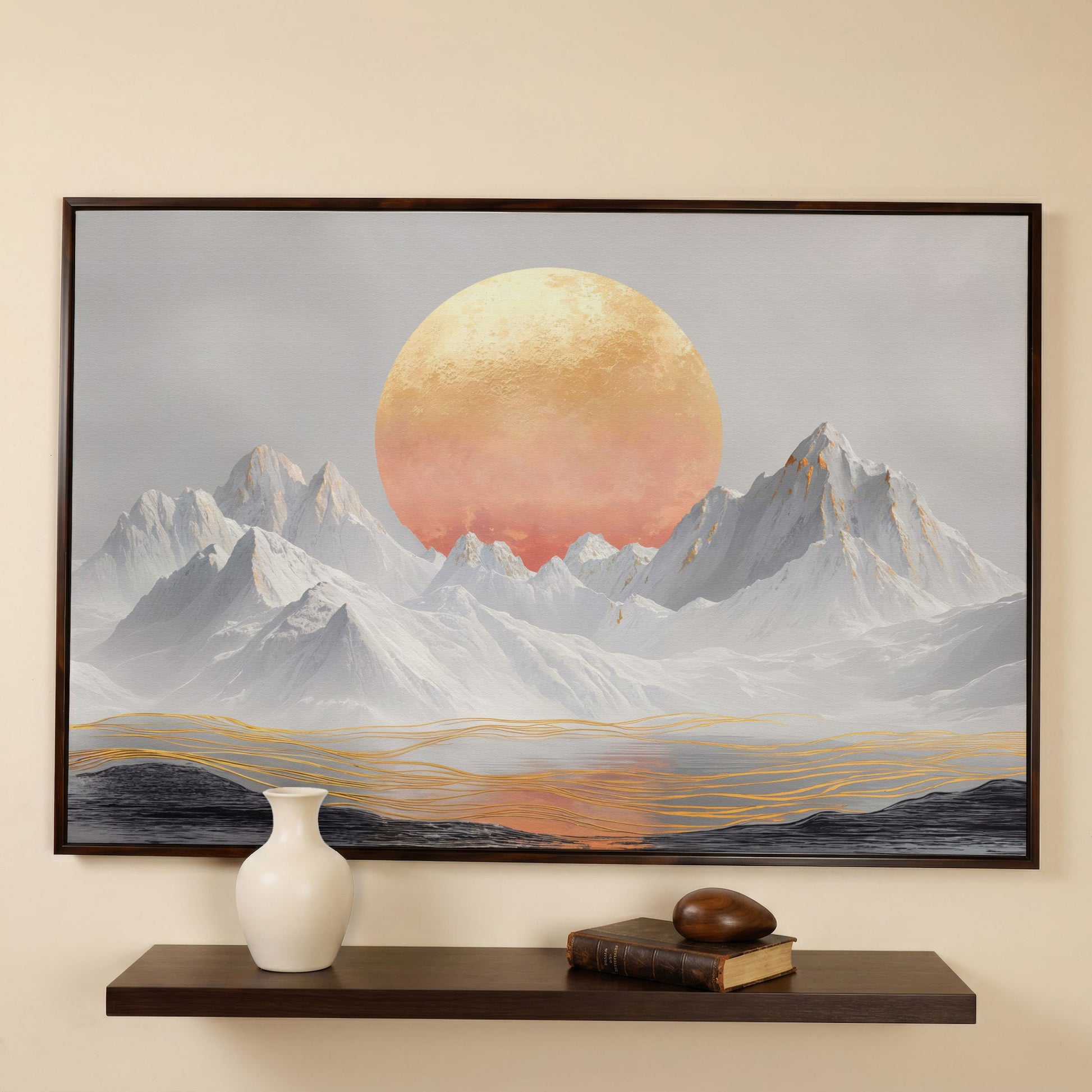 Surreal Sun and Snowy Mountains Canvas in dark walnut floating frame