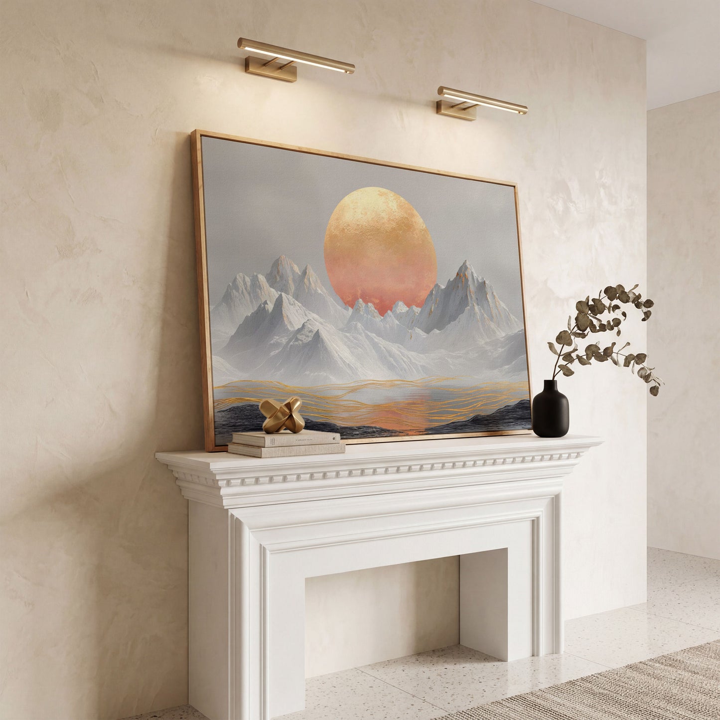 Surreal Sun and Snowy Mountains Canvas in white oak floating frame