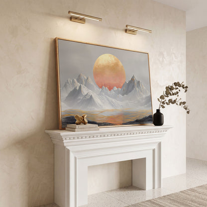 Surreal Sun and Snowy Mountains Canvas in white oak floating frame