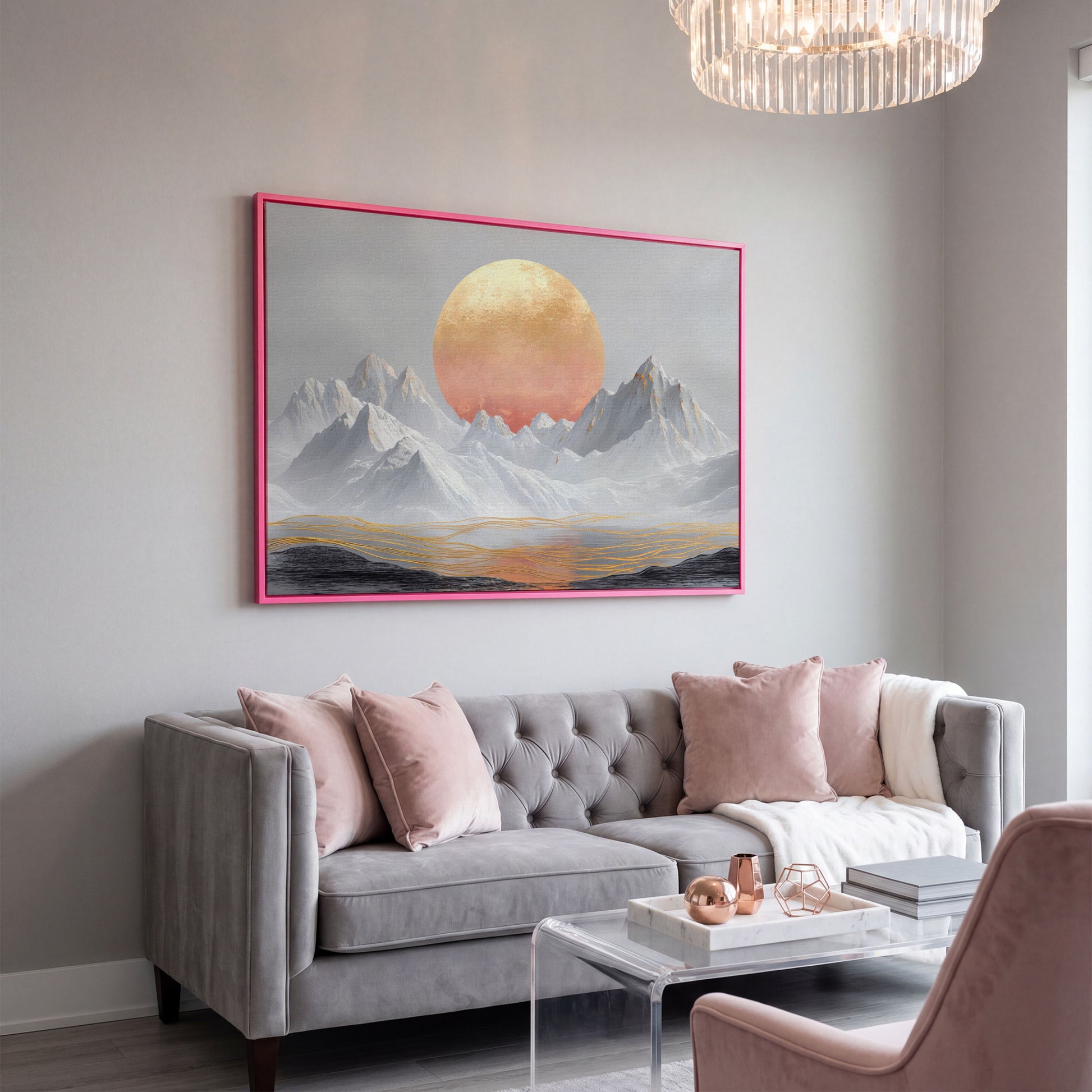 Surreal Sun and Snowy Mountains Canvas in pink floating frame