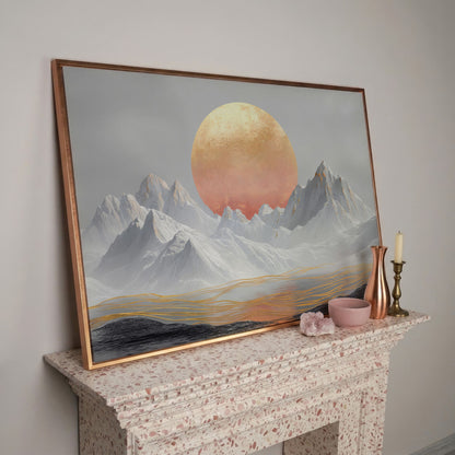 Surreal Sun and Snowy Mountains Canvas in rose gold floating frame