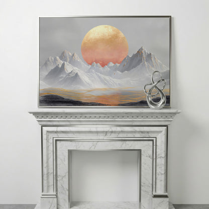 Surreal Sun and Snowy Mountains Canvas in silver floating frame