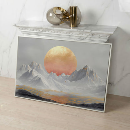 Surreal Sun and Snowy Mountains Canvas in white floating frame
