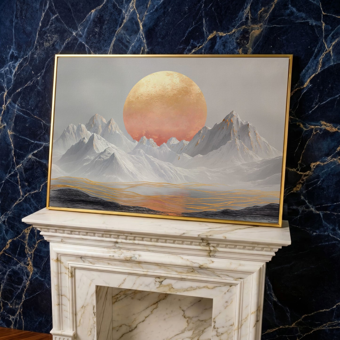 Surreal Sun and Snowy Mountains Canvas in yellow gold floating frame