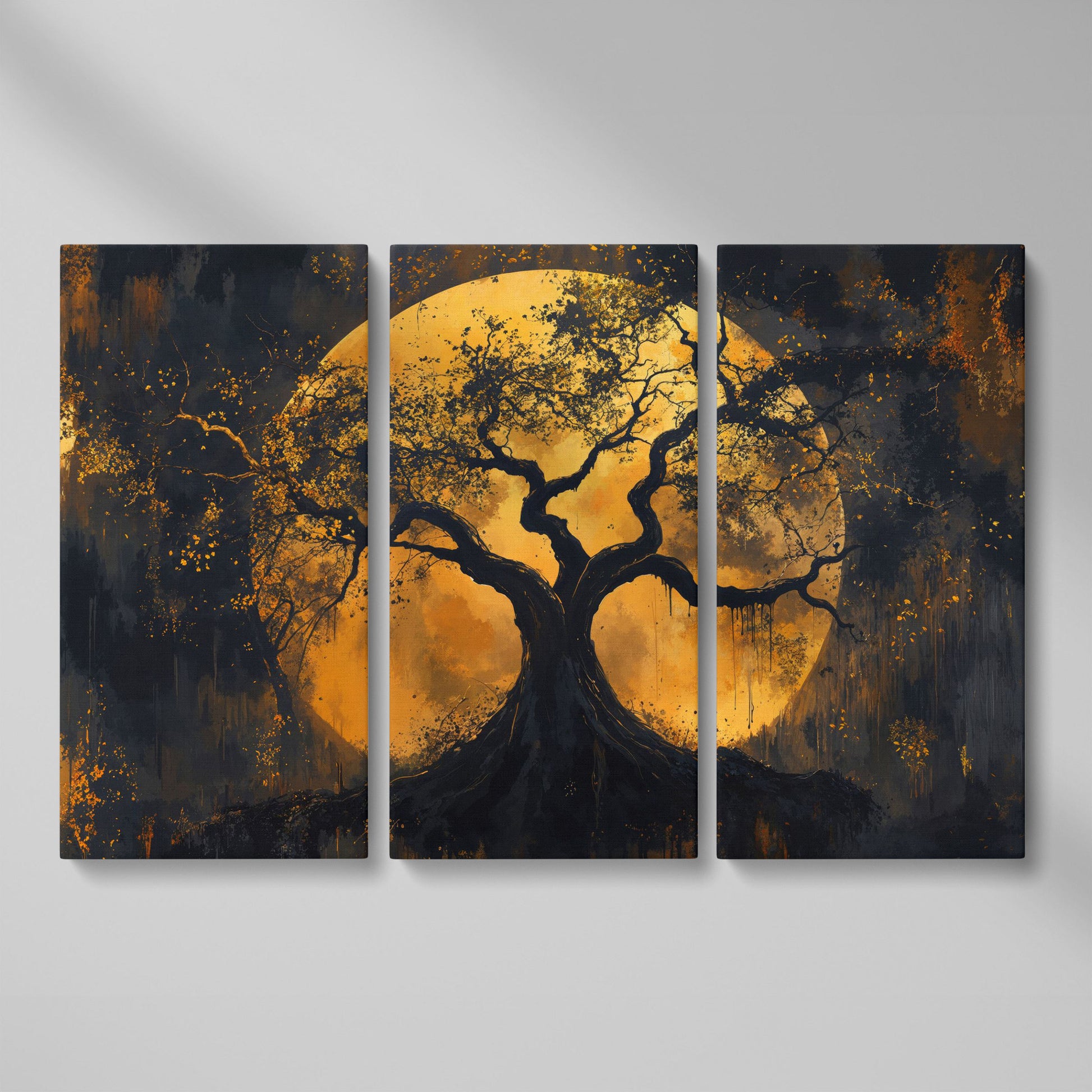 Moon Tree Canvas Art: Silhouetted Branches on a Full Moon as 3-panel split version