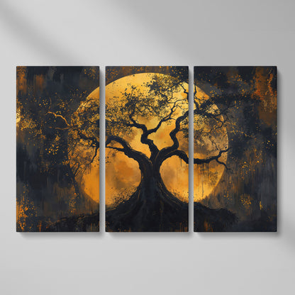 Moon Tree Canvas Art: Silhouetted Branches on a Full Moon as 3-panel split version