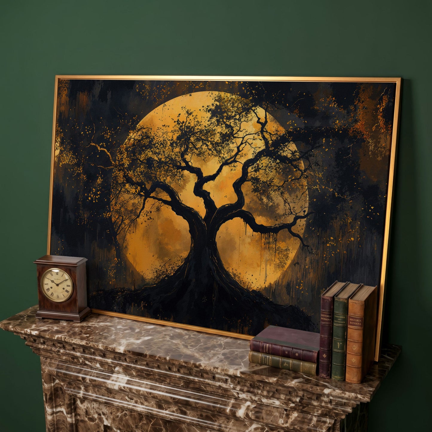 Moon Tree Canvas Art: Silhouetted Branches on a Full Moon in antique gold floating frame