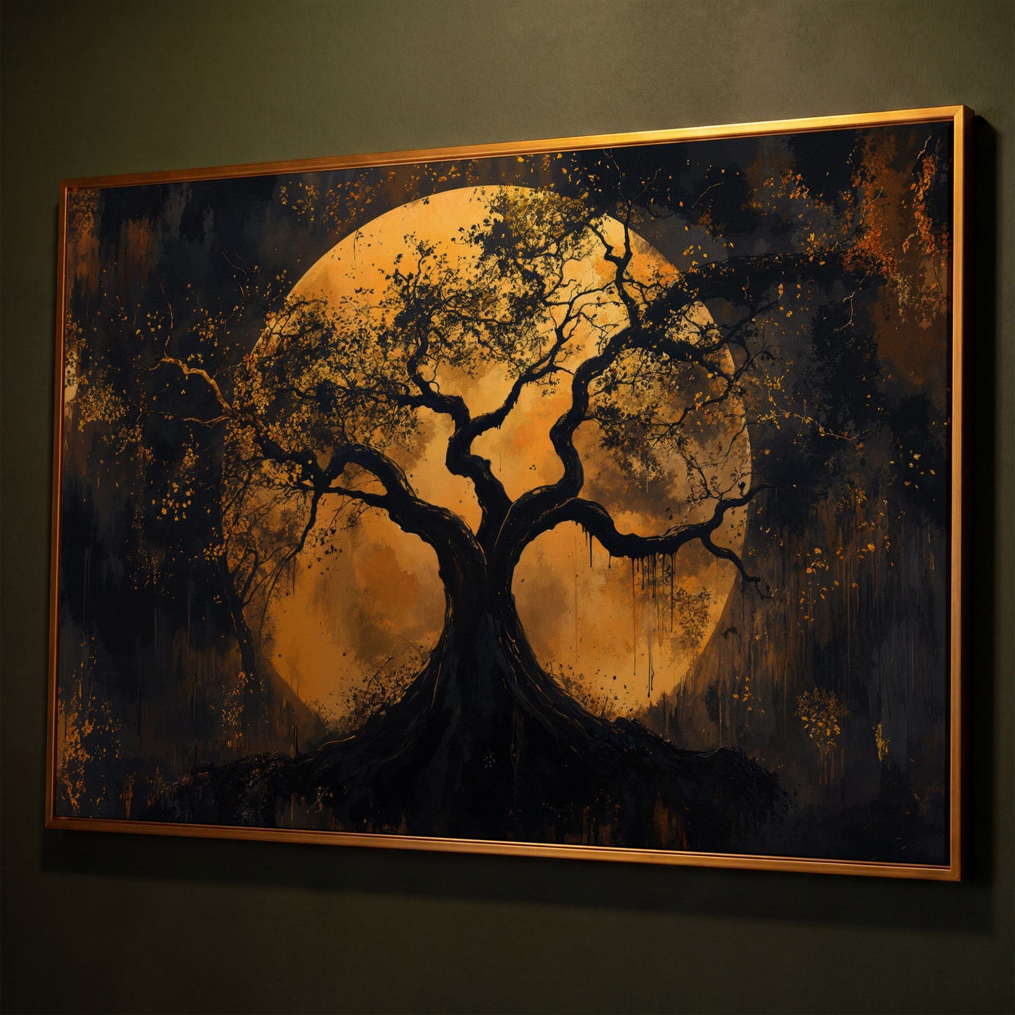 Moon Tree Canvas Art: Silhouetted Branches on a Full Moon shown in antique gold floating frame