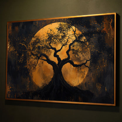 Moon Tree Canvas Art: Silhouetted Branches on a Full Moon shown in antique gold floating frame