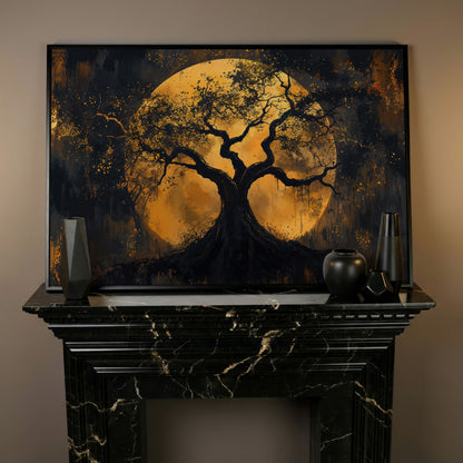 Moon Tree Canvas Art: Silhouetted Branches on a Full Moon in black floating frame