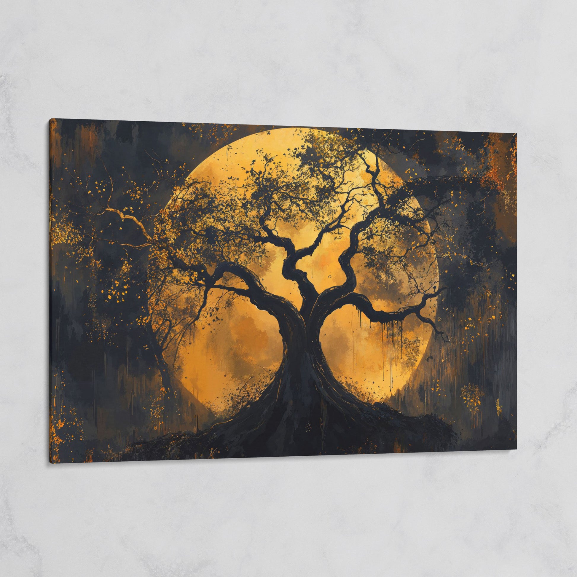 Moon Tree Canvas Art: Silhouetted Branches on a Full Moon on gallery wrap