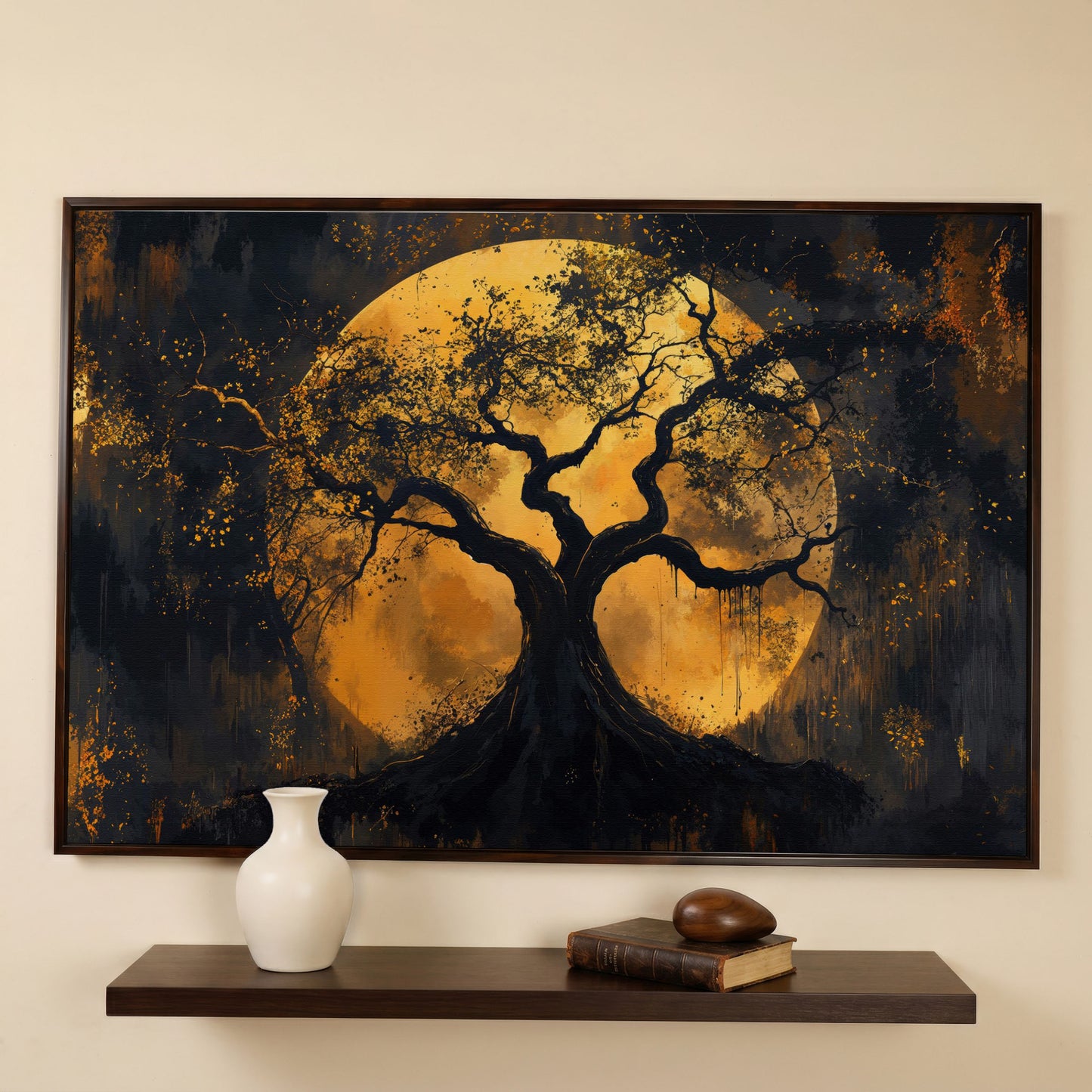 Moon Tree Canvas Art: Silhouetted Branches on a Full Moon in dark walnut floating frame